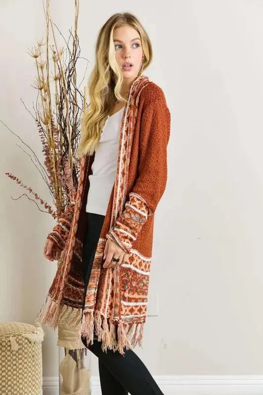 ADORA Full Size Fringe Hem Aztec Border Cardigan Plus Size - Love Salve